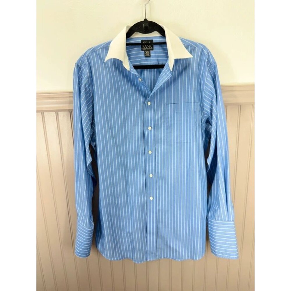 Jos A Bank Dress Shirt Mens 16-33 Tailored Fit Blue White Stripe White Collar
